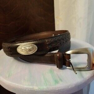 Men's Oil Tanned Brown Woven Leather Belt, Silver Bass Fish Emblems, Sz 34